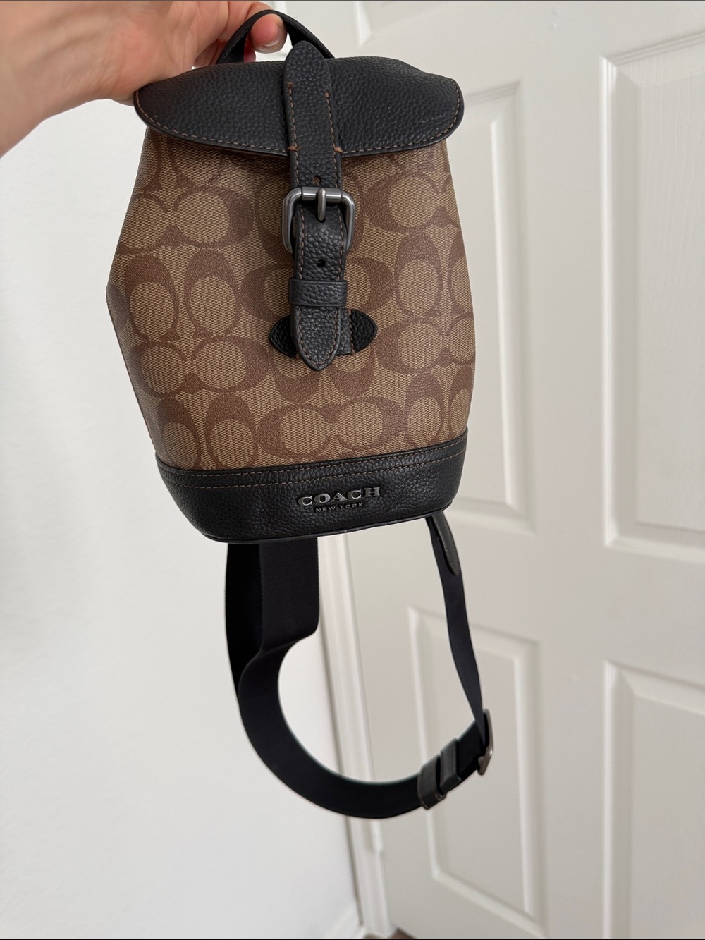 COACH Brown Signature Canvas Mini Backpack with Black Leather Trim